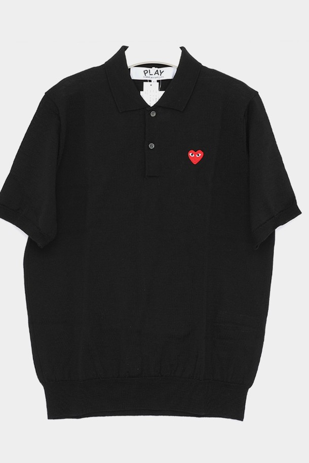 Comme des Garçons - 스웨터 - 꼼데가르송 레드 하트 패치로고 반팔 울 남성 PK니트 P1N0941 BLACK