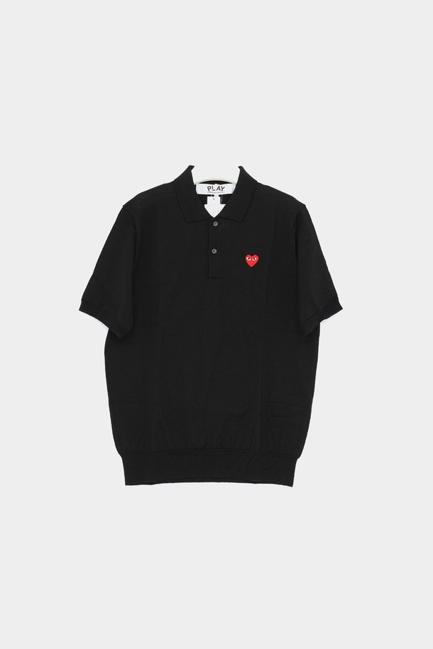 Comme des Garçons - 스웨터 - 꼼데가르송 레드 하트 패치로고 반팔 울 남성 PK니트 P1N0941 BLACK