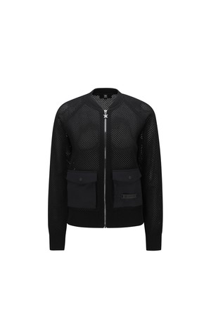 WOMEN MESH ZIP-UP CARDIGAN_BK