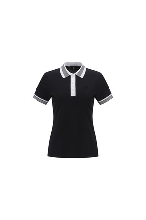 WOMEN COLLAR COLOR BLOCK SHORT T-SHIRT_BK