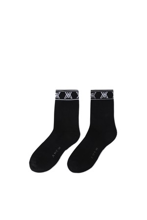 [ANEW GOLF] MEN STRIPE LOGO MIDDLE SOCKS_BK_BLACK-a
