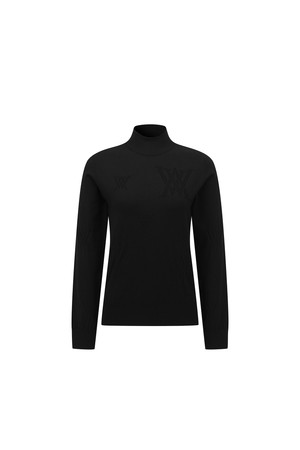 WOMEN LOGO PATTERN MOCK NECK SWEATER_BLACK-a