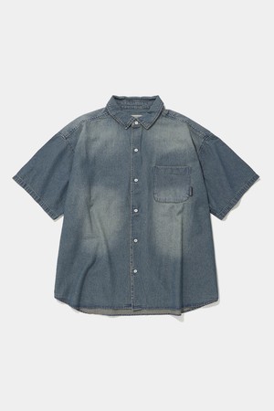 SPRAY WASHED ONE POCKET DENIM S/S SHIRTS_LIGHT JEAN