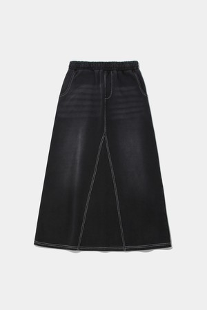 CAT WASHED DENIM TERRY A-LINE SKIRT_BLACK DENIM