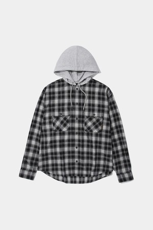 FLANNEL CHECK LAYERED HOOD SHIRT_BLACK