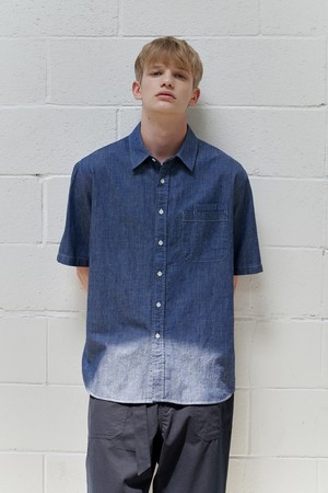 Linen denim double pocket 1/2 shirt (indigo)