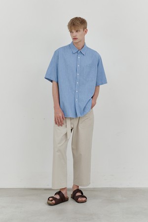 Linen denim double pocket 1/2 shirt (light blue)