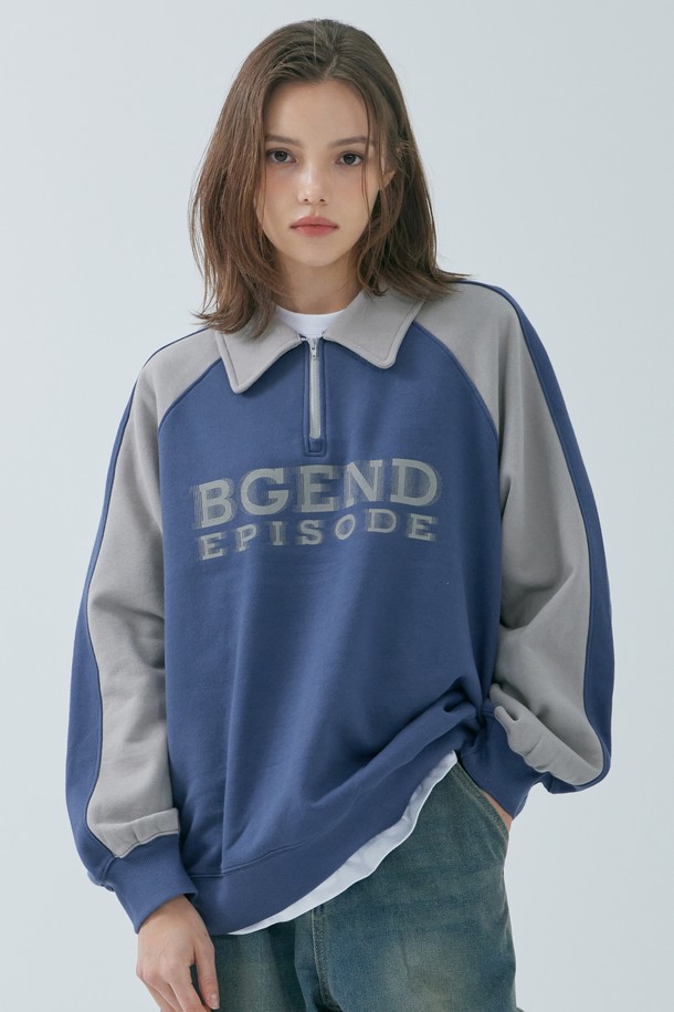 BGEND - 스웨트셔츠 - [남여공용]콘트라스트 하프 집업 티셔츠_블루