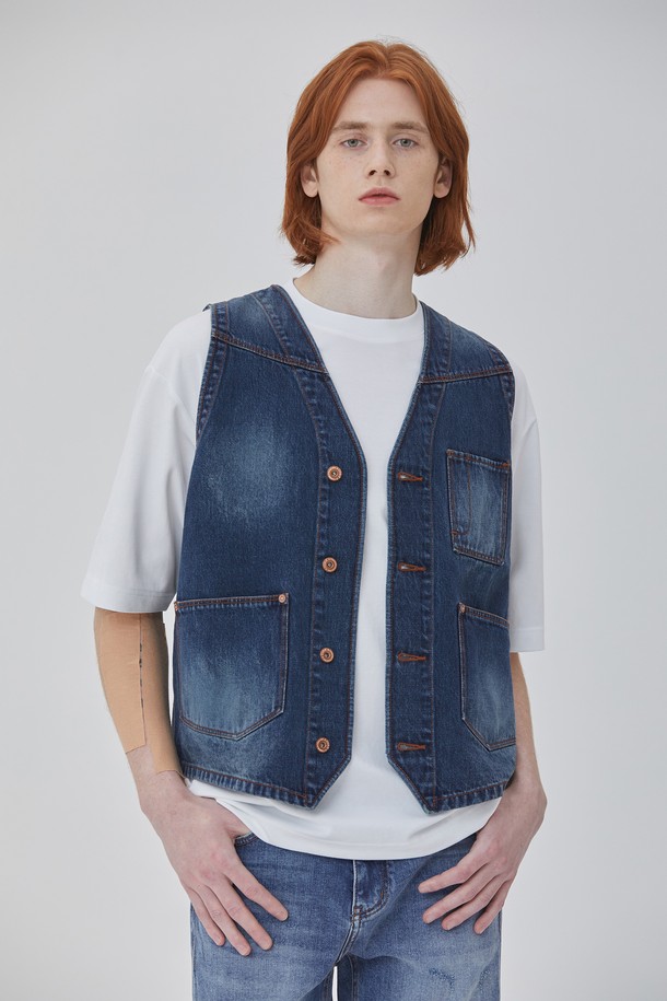 CORK - 베스트 - DENIM 3 POCKETS WASHING VEST INDIGO