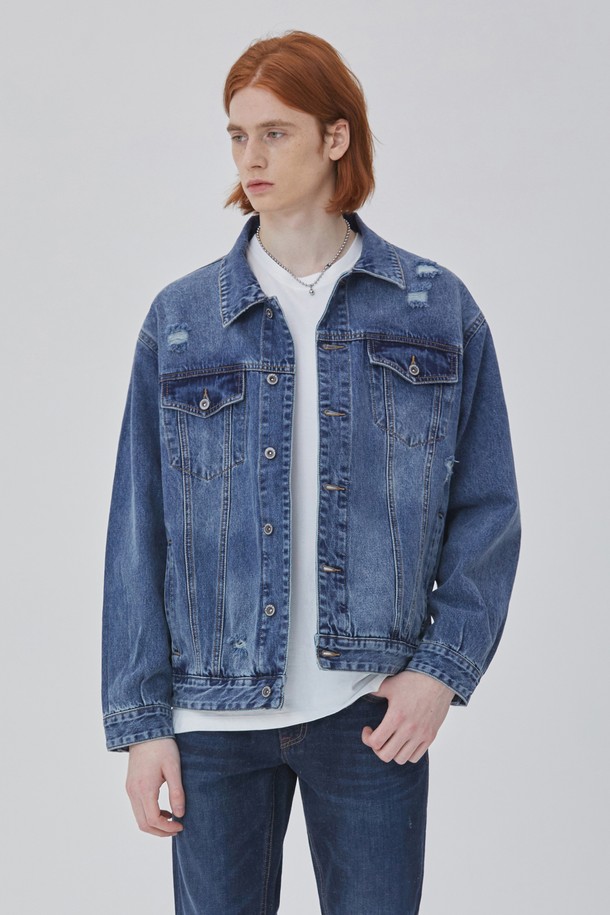 CORK - 블루종/점퍼 - DENIM DESTROYED OVER FIT TRUCKER JACKET INDIGO