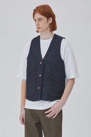 DENIM MULTI POCKETS RAW VEST INDIGO