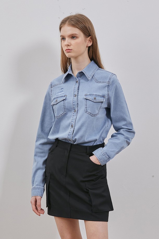 RYUL+WAI: - 셔츠 - DENIM DESTROYED BASIC WESTERN SHIRT L BLUE