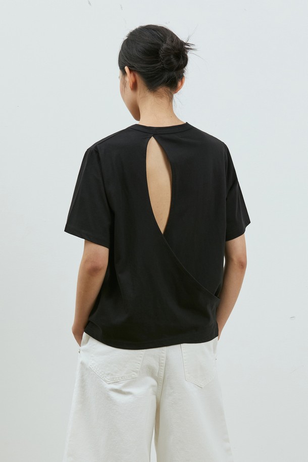 RYUL+WAI: - 반소매 티셔츠 - BACK OPEN WRAP LOOSE TOP BLACK