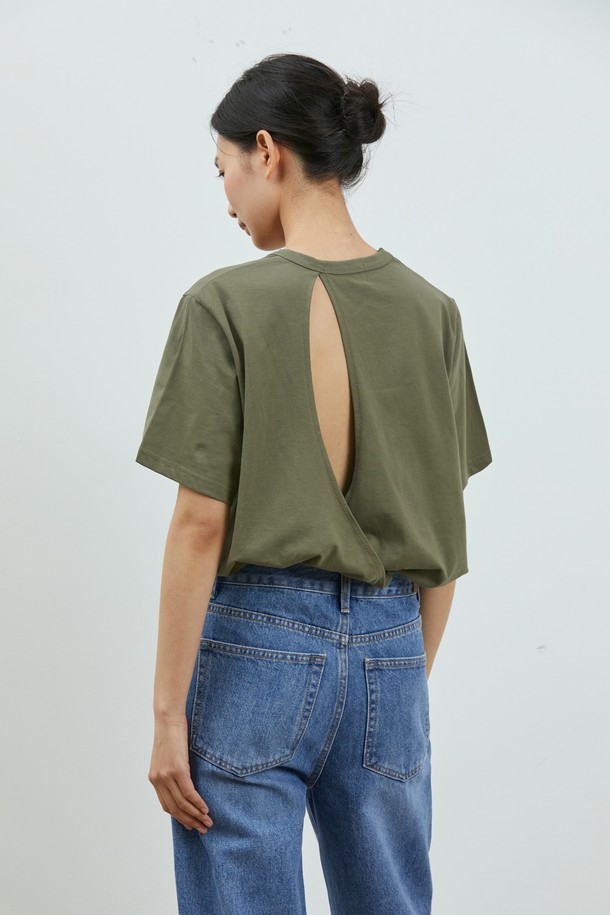 RYUL+WAI: - 반소매 티셔츠 - BACK OPEN WRAP LOOSE TOP KHAKI