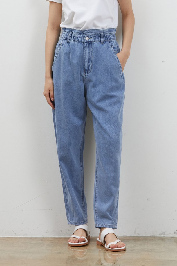 RYUL+WAI: - 데님 - DENIM BANDING TAPERED CROP PANTS BLUE