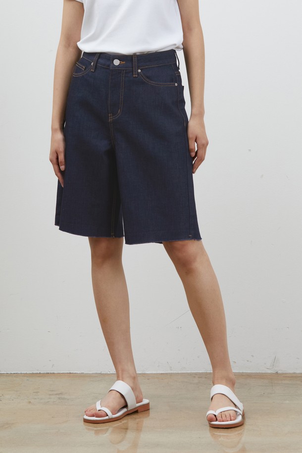 RYUL+WAI: - 데님 - DENIM EDGE CUT INNER CHECK SHORTS INDIGO