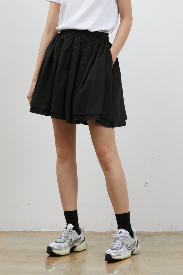 RYUL+WAI: - 미니스커트 - DOUBLE FRILL COTTON MINISKIRT BLACK