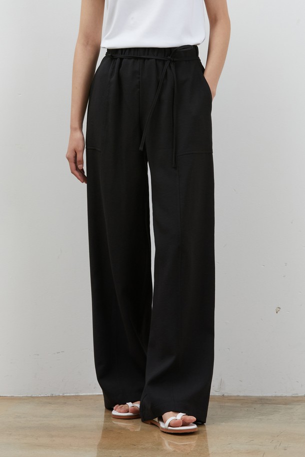 RYUL+WAI: - 롱/미디팬츠 - LINEN WIDE STRING LONG PANTS BLACK