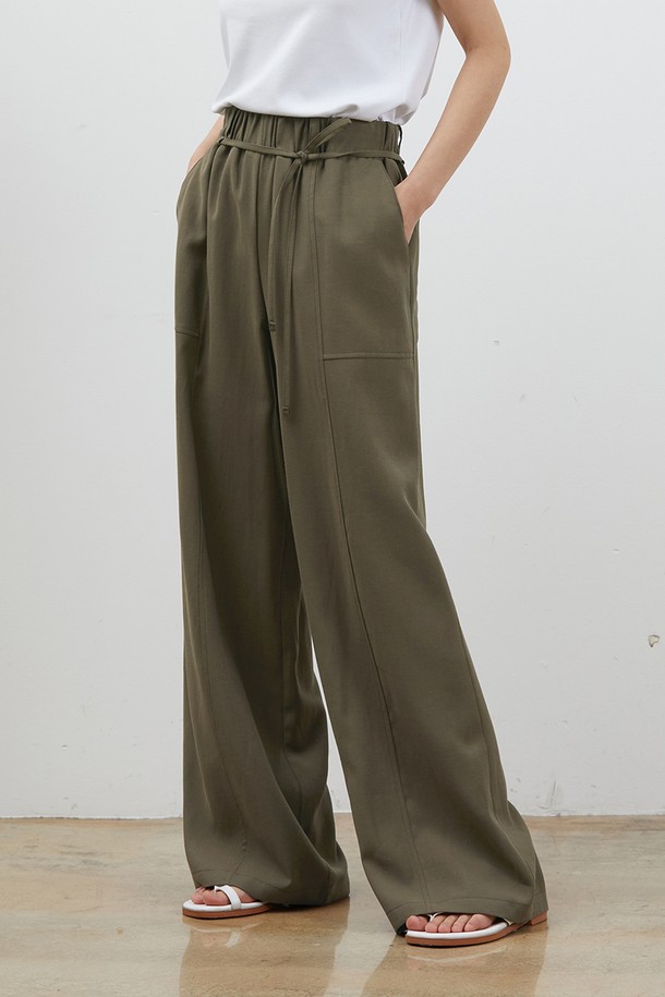 RYUL+WAI: - 롱/미디팬츠 - LINEN WIDE STRING LONG PANTS KHAKI