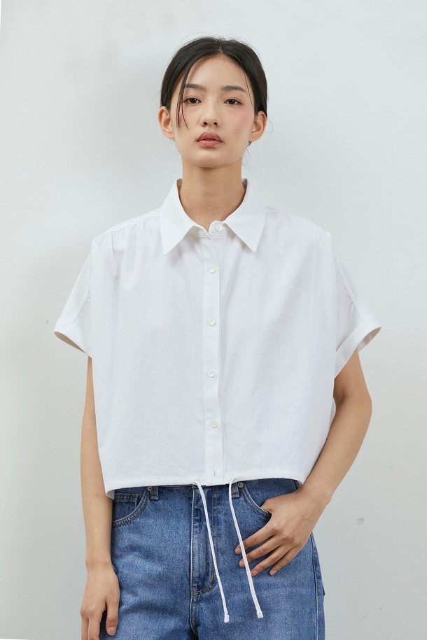 RYUL+WAI: - 블라우스 - LINEN SHIRRING CROP BLOUSE IVORY