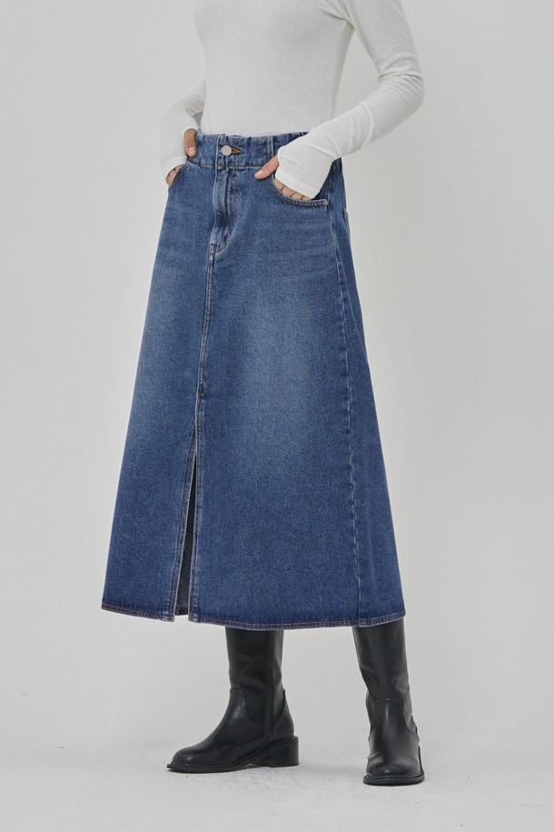 RYUL+WAI: - 데님 - DENIM SLIT A LINE SKIRT INDIGO