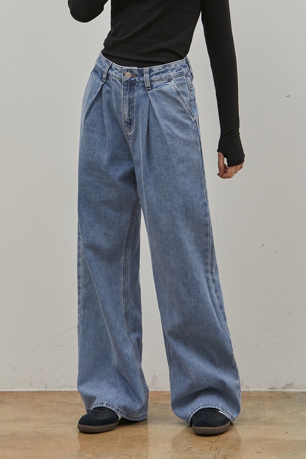 RYUL+WAI: - 데님 - DENIM BOTH TUCK WIDE LONG PANTS BLUE