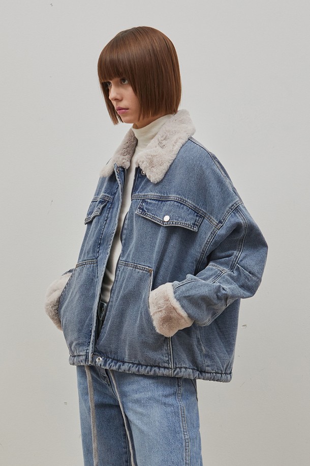 RYUL+WAI: - 자켓 - DENIM TUCK SLEEVE ECO FUR JACKET INDIGO