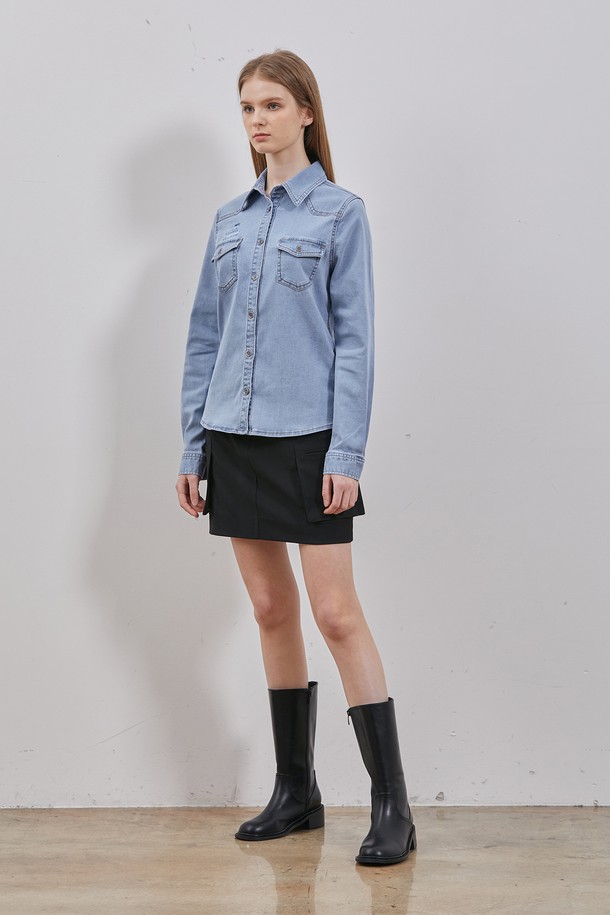 RYUL+WAI: - 셔츠 - DENIM DESTROYED BASIC WESTERN SHIRT L BLUE