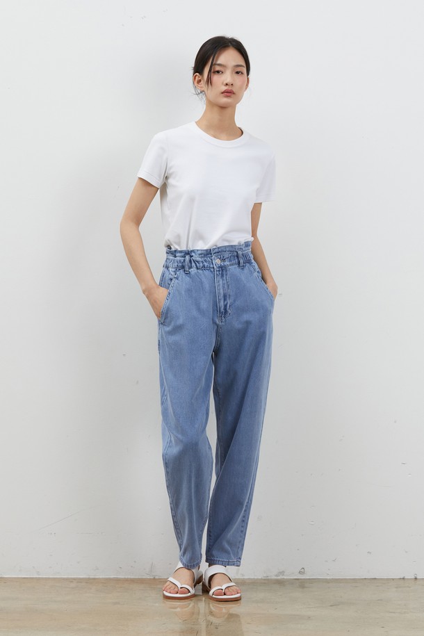 RYUL+WAI: - 데님 - DENIM BANDING TAPERED CROP PANTS BLUE