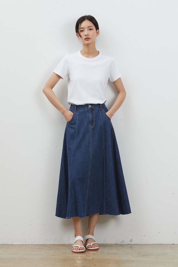 RYUL+WAI: - 데님 - DENIM EDGE CUT FLARE LONG SKIRT INDIGO