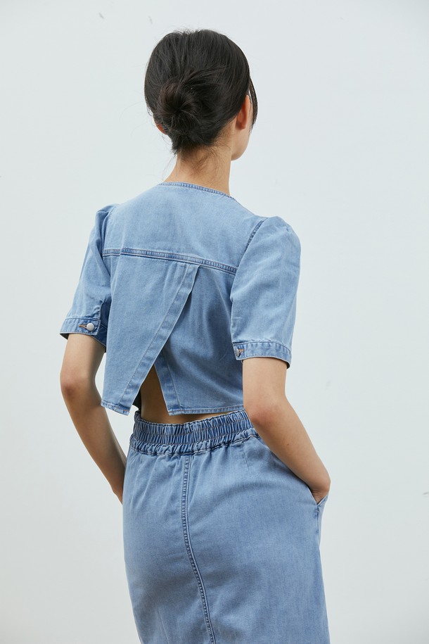 RYUL+WAI: - 데님 원피스 - DENIM BACK OPEN MINIDRESS BLUE