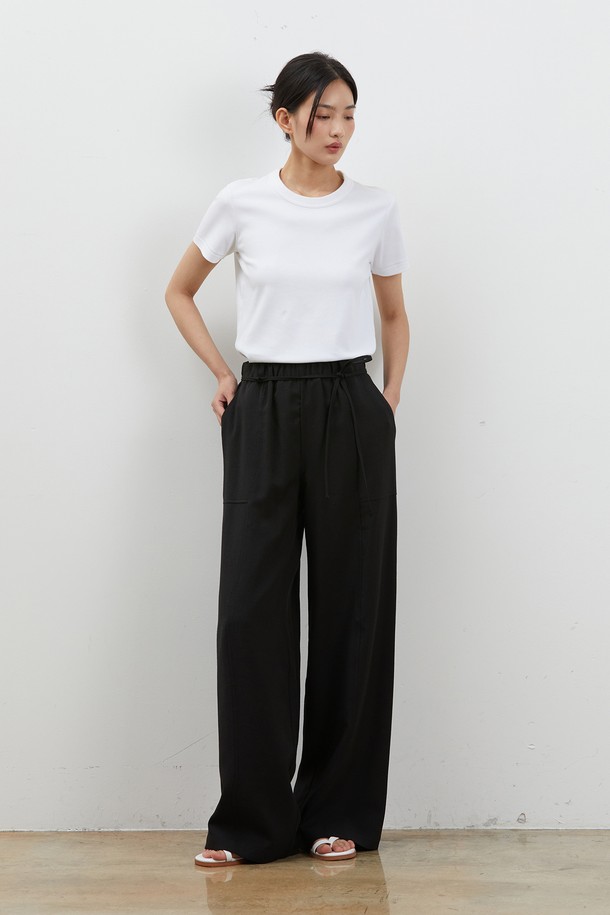 RYUL+WAI: - 롱/미디팬츠 - LINEN WIDE STRING LONG PANTS BLACK