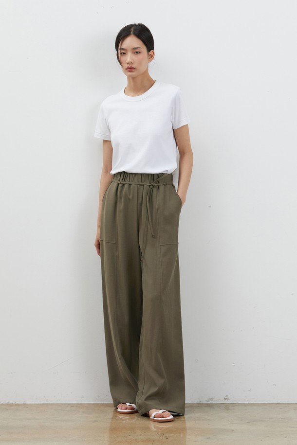 RYUL+WAI: - 롱/미디팬츠 - LINEN WIDE STRING LONG PANTS KHAKI