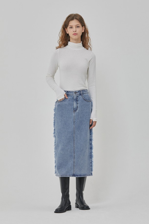 RYUL+WAI: - 데님 - DENIM FRINGE H LINE SKIRT BLUE