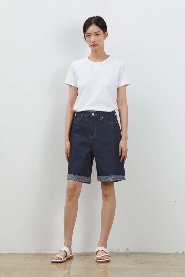 RYUL+WAI: - 데님 - DENIM EDGE CUT INNER CHECK SHORTS INDIGO