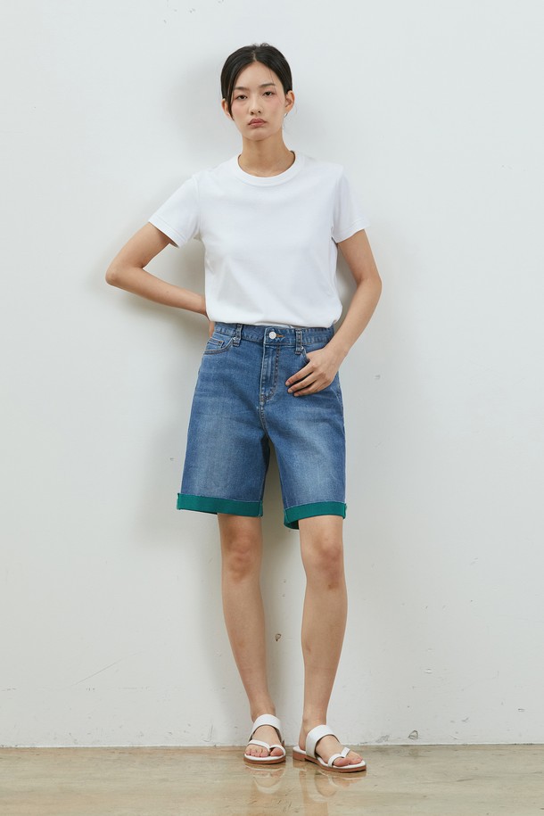 RYUL+WAI: - 데님 - DENIM EDGE CUT INNER COLOR SHORTS BLUE