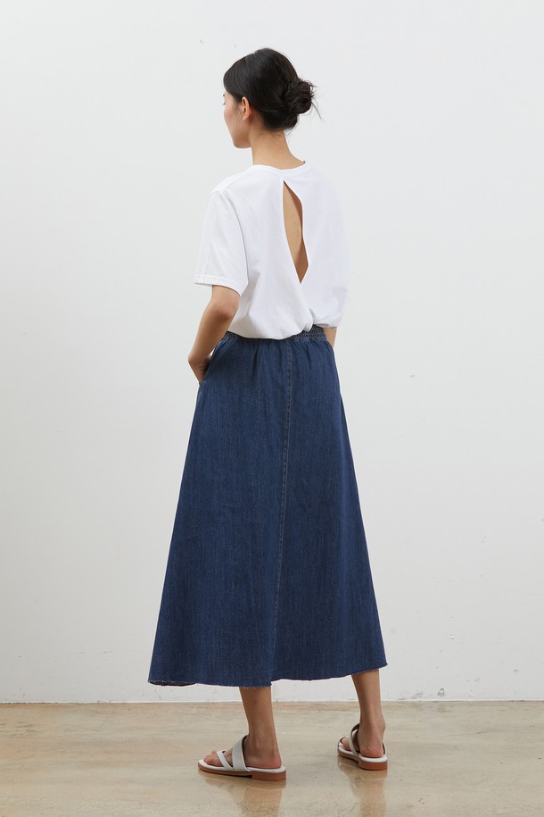 RYUL+WAI: - 데님 - DENIM EDGE CUT FLARE LONG SKIRT INDIGO