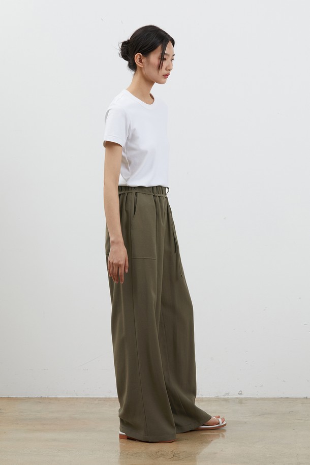 RYUL+WAI: - 롱/미디팬츠 - LINEN WIDE STRING LONG PANTS KHAKI