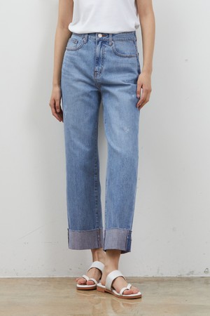 DENIM ROLL UP STRAIGHT PANTS BLUE