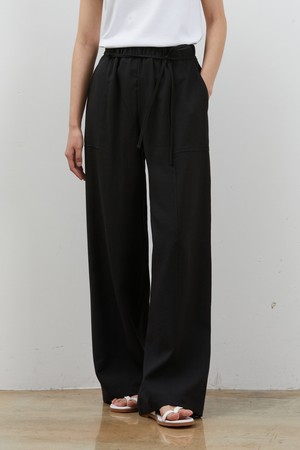 LINEN WIDE STRING LONG PANTS BLACK