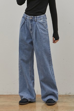 DENIM BOTH TUCK WIDE LONG PANTS BLUE