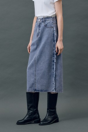 DENIM FRINGE H LINE SKIRT BLUE R5