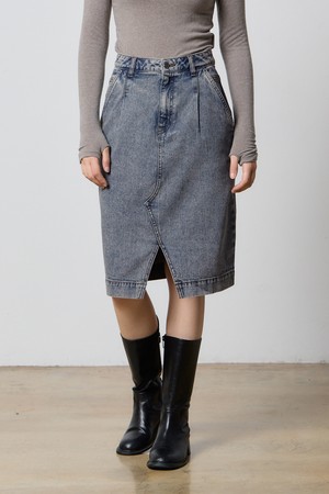 DENIM TUCK VINTAGE MIDI SKIRT INDIGO F5