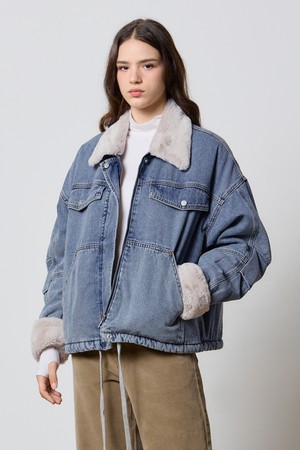 DENIM TUCK SLEEVE FAKE FUR JACKET INDIGO W5