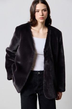 FAKE FUR COLLARLESS MINIMAL COAT CHARCOAL W5