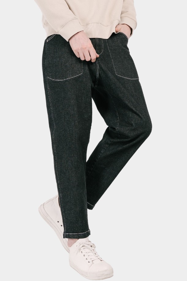 CUSTOMUS - 데님 - 화이트스티치 쎄미 배기핏 남자 밴딩 데님 팬츠 CXS25MWPT419 BLA