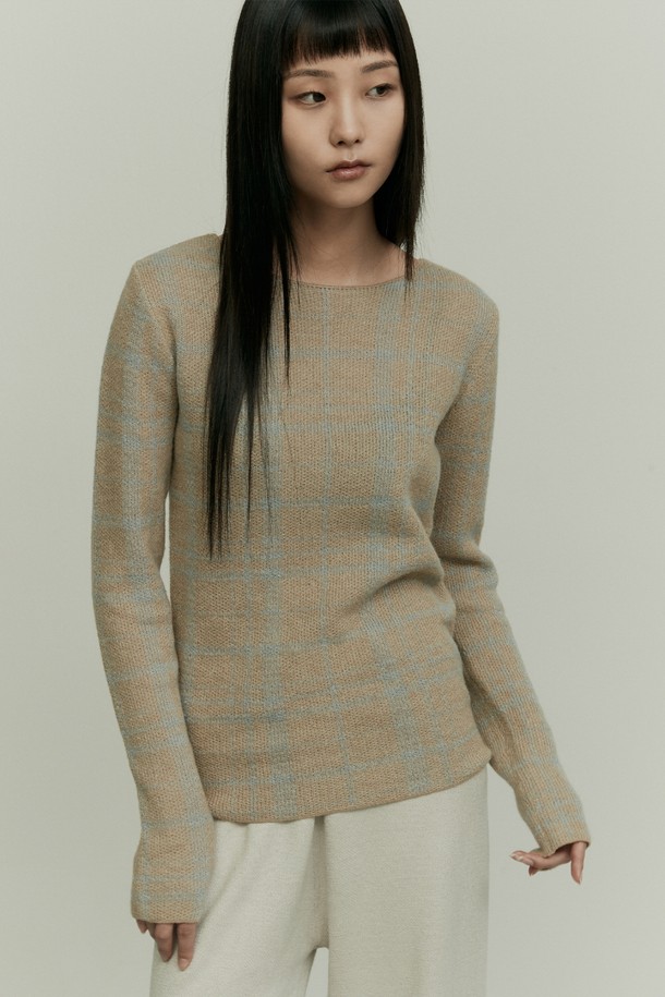 RE RHEE - 스웨터 - ALPACA BLEND BOAT NECK KNIT TOP CHECK MUSTARD