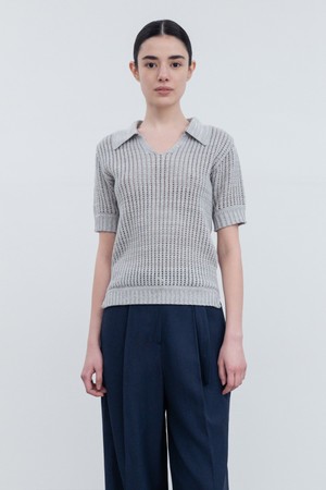 KNITTED SHORT SLEEVES COLLARED TOP MS