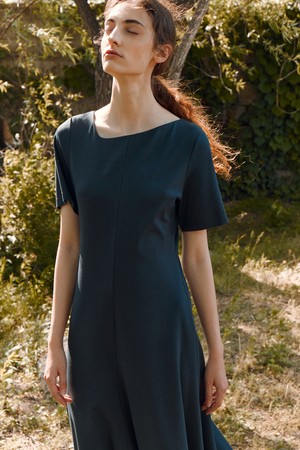 ASYMMETRIC FLARED MIDI DRESS