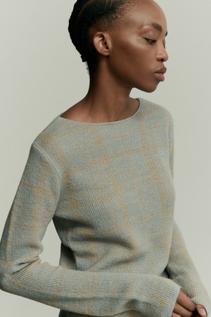 ALPACA BLEND BOAT NECK KNIT TOP CHECK CLOUD